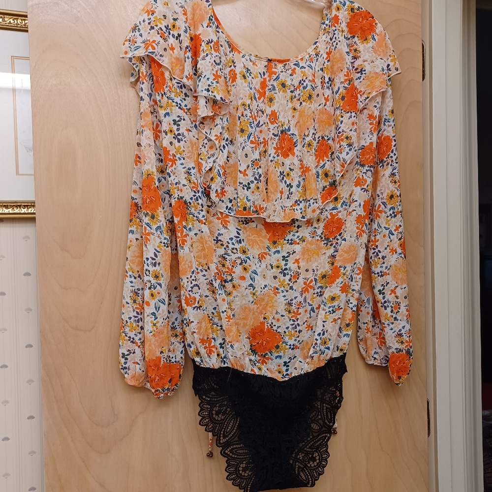 Free People intimately floral Orange body suit Say it to me boho S P - Picture 11 of 11